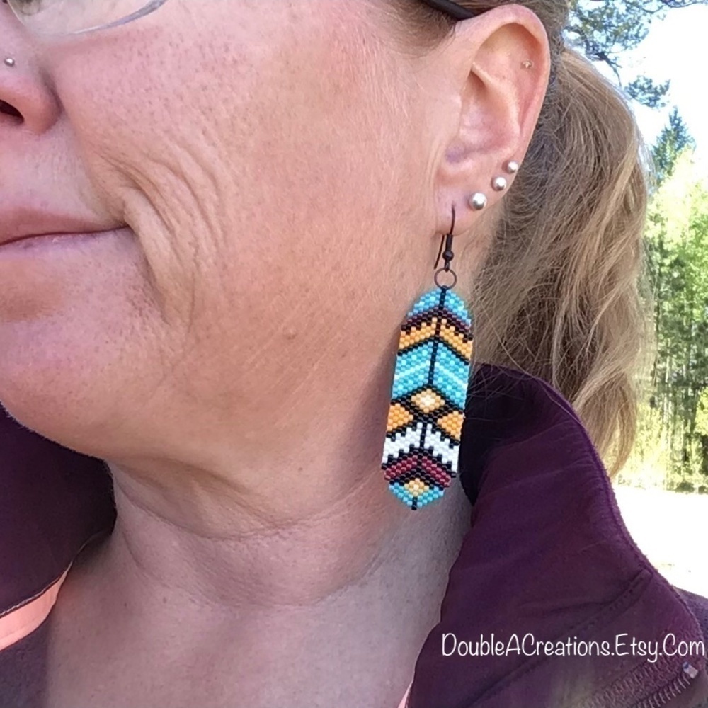 Southwest Turquoise Feathers Beaded Earrings, New, Handmade by Me - Picture 7 of 7